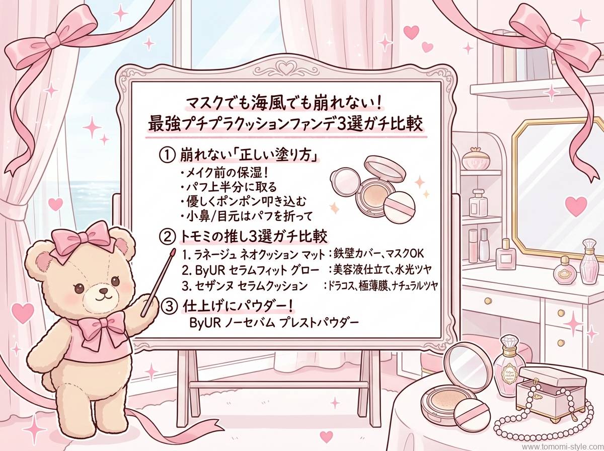 【マスクでも海風でも崩れない】最強プチプラクッションファンデ3選比較と正しい塗り方を解説したインフォグラフィックボード。ラネージュ、ByUR、セザンヌの特徴や仕上げのByURパウダーも紹介。