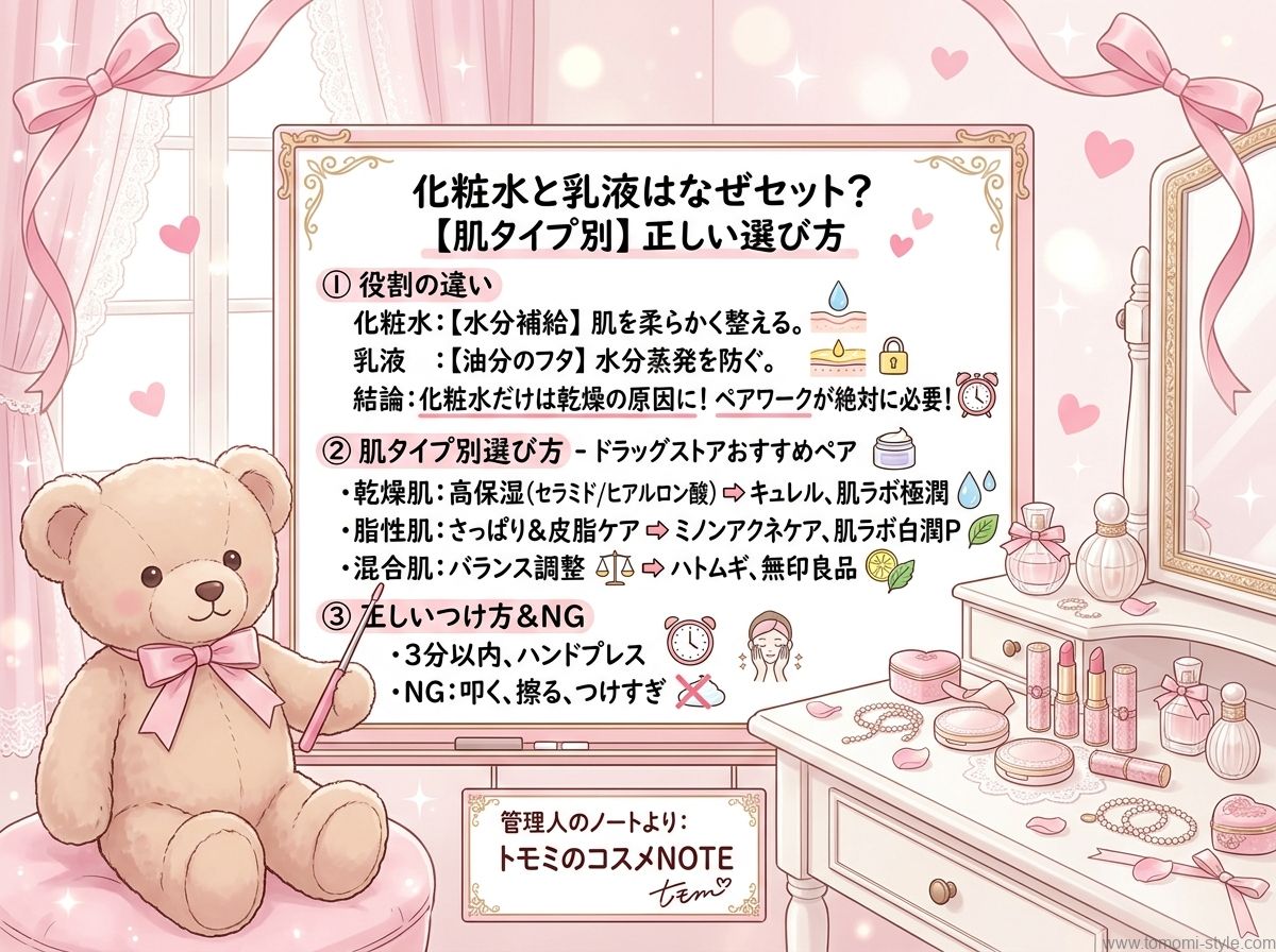 化粧水と乳液の役割と肌タイプ別選び方をまとめた可愛いインフォグラフィックボード。キュレル、肌ラボ極潤、肌ラボ白潤、ミノンアクネケア、ハトムギ、無印良品などドラッグストアおすすめペアも紹介。正しい使い方のハンドプレスについても解説。トモミのコスメNOTE