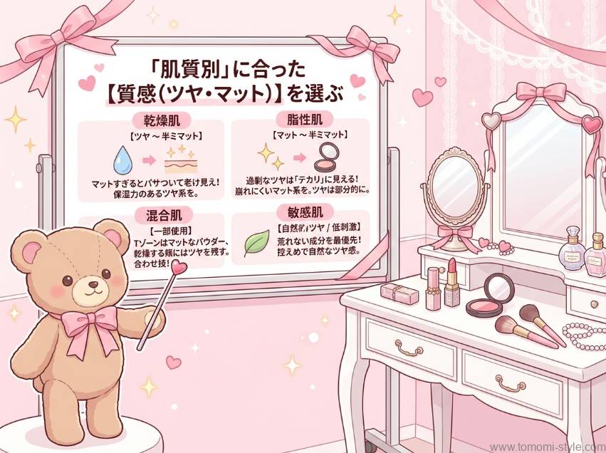 【肌質別に合った質感(ツヤ・マット)の選び方】乾燥肌・脂性肌・混合肌・敏感肌の4タイプ別に、ツヤ・セミマット・マットの最適な選び方とコツをまとめた解説インフォグラフィックボード