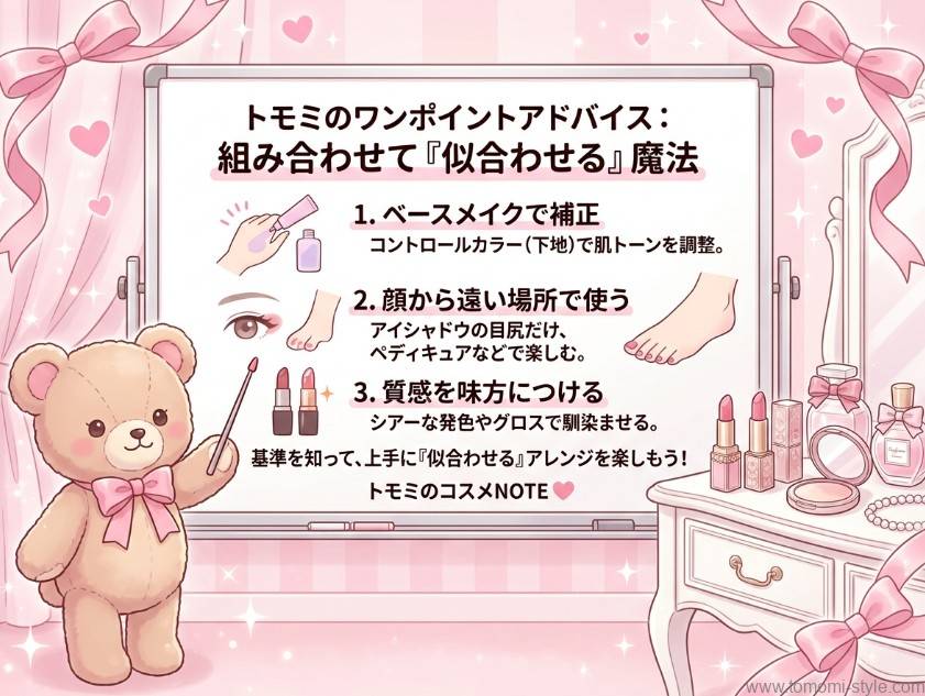 【トモミのワンポイントアドバイス】似合わない色を『似合わせる』アレンジの魔法。コントロールカラーでの肌トーン補正、目尻やペディキュアでのポイント使い、シアー発色やグロス等の質感調整の3つのコツを解説したインフォグラフィックボード。トモミのコスメNOTE
