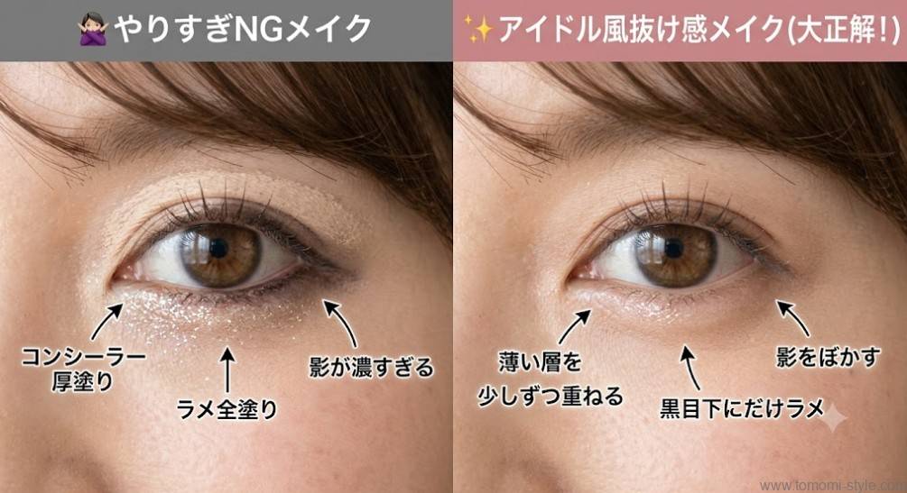 やりすぎNGメイク、アイドル風抜け感メイクの比較画像