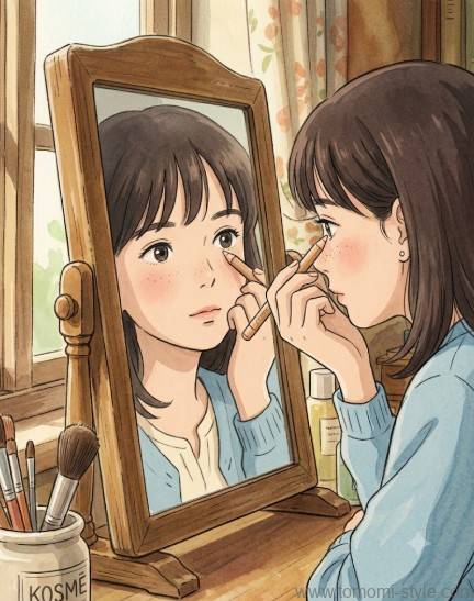 鏡の前で、若い日本人女性が下まぶたのすぐ下にコンシーラーペンシルを丁寧にのせている目元アップのイラスト。
