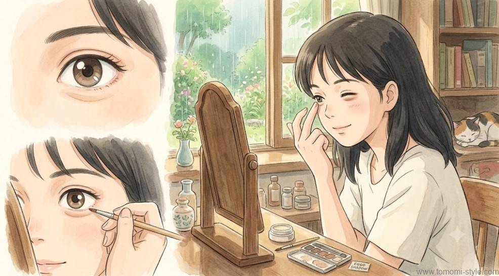 極細ライナーを使って涙袋の下に柔らかく薄い影を描き、指先で優しくなじませている女性のイラスト。