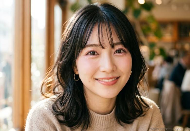キラキラと潤んだ瞳を持つ、20代前半の美しい日本人女性のクローズアップ・ポートレート。目元には自然なふくらみ(涙袋)があり、控えめなラメで強調されています。