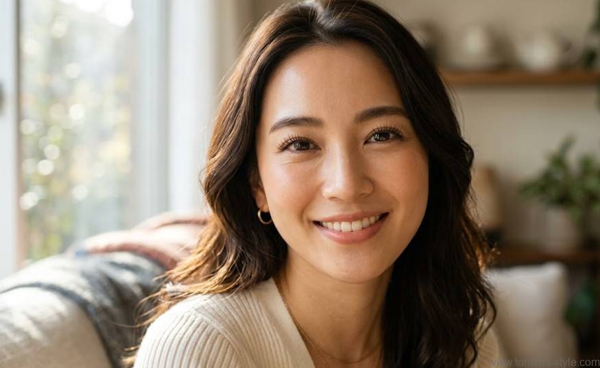 綺麗にカールした上向きまつ毛を見せながら、爽やかに微笑んでいる20代前半の日本人女性