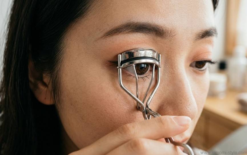鏡を柔らかく下に見つめながらビューラーを使用している若い日本人女性