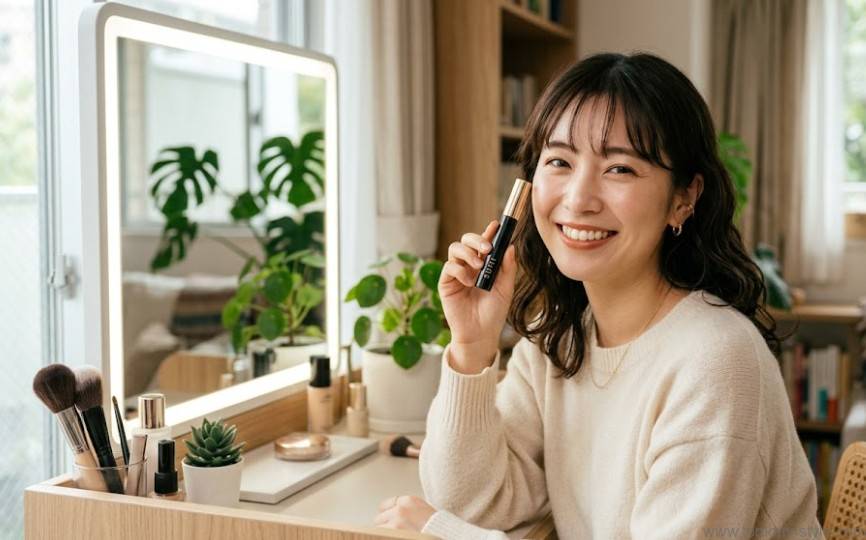 マスカラ管を頬の近くに持ち、モダンなドレッサーの鏡の前で嬉しそうに満足げに微笑む可愛い日本人女性