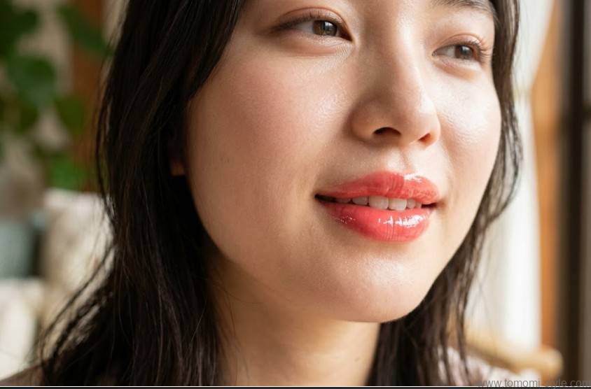 フルーツシロップのような瑞々しく艶やかなコーラルピンクのリップティントを塗った、20代前半の日本人女性の唇のアップ。