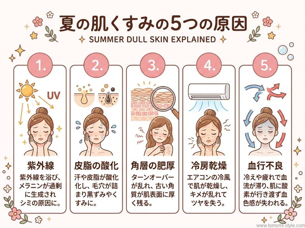 紫外線や冷房乾燥など夏の肌くすみの5つの原因を解説するインフォグラフィック