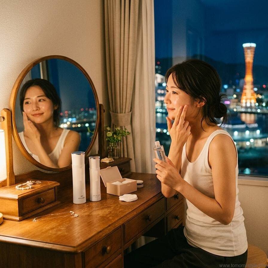 夏の夜に自室で美白スキンケアをする女性のナイトルーティン