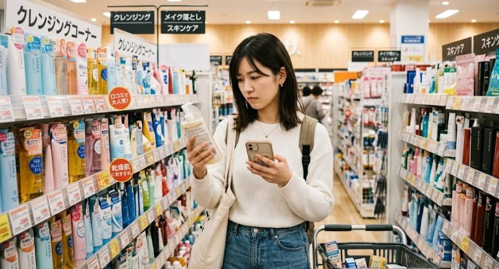 ドラッグストアのクレンジング売り場で商品を選ぶ若い女性、パッケージを確認する様子