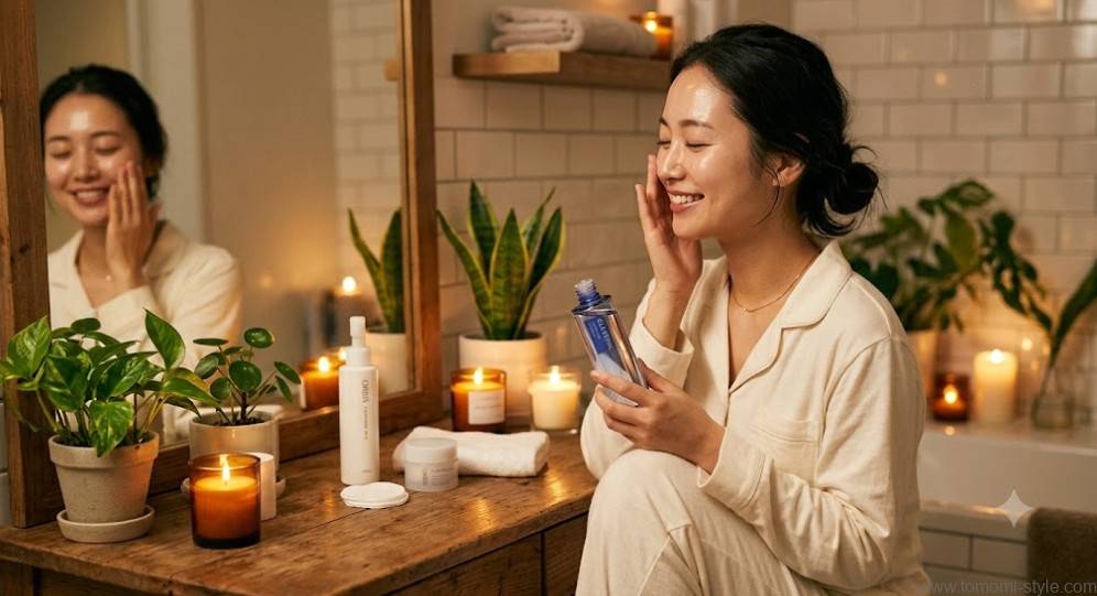 夜のスキンケアルーティン、クレンジング後の化粧水パッティングをするリラックスした女性のイメージ