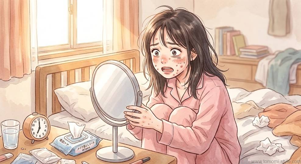 メイクを落とさず寝た翌朝、肌トラブルに驚く女性のイメージイラスト