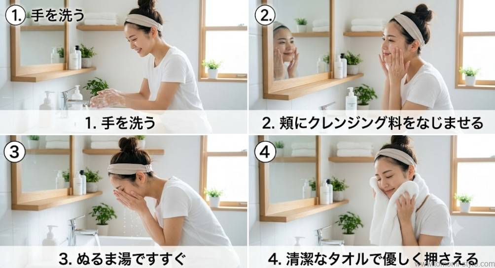 正しいクレンジングの4ステップ手順（手洗い・なじませ・すすぎ・拭き取り）を実演する女性