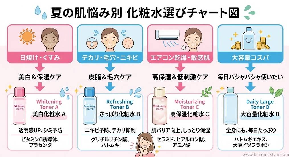 夏の肌悩み別に化粧水を選べる4カテゴリのチャート図