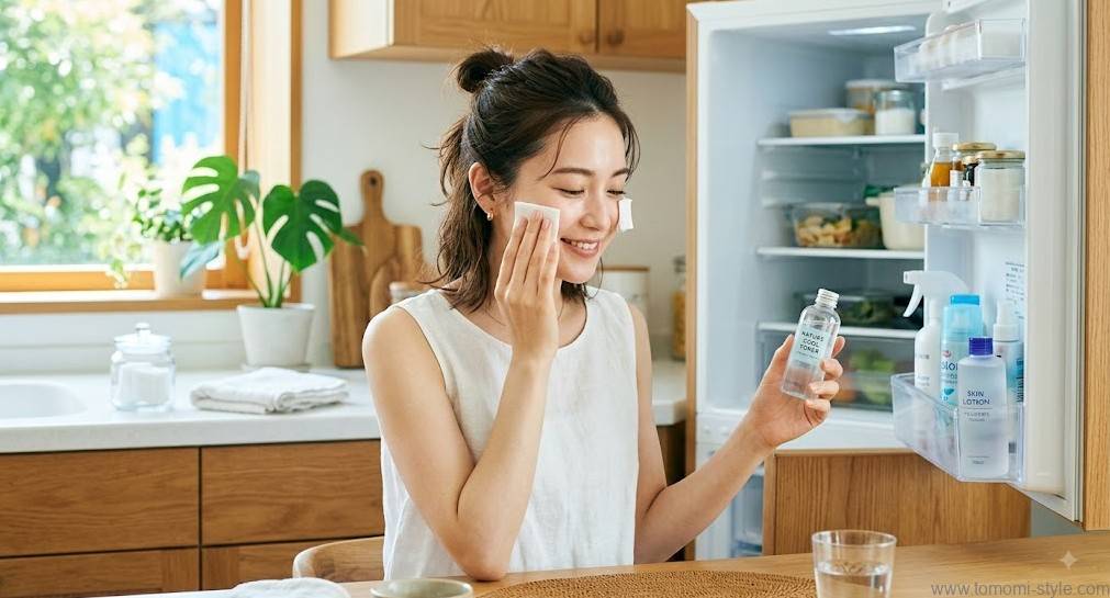 冷やした化粧水で頬にコットンパックをする女性のスキンケアシーン