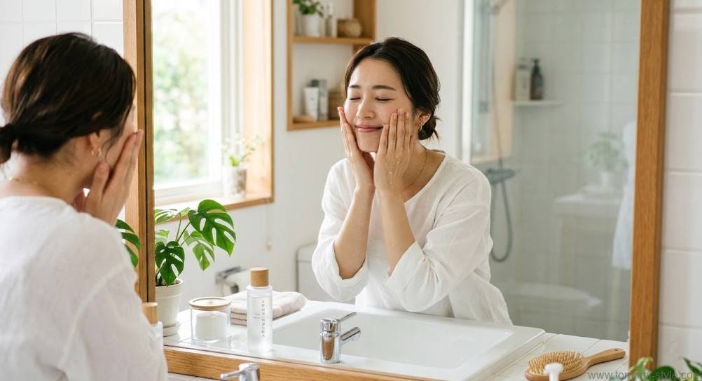 化粧水を手のひらで顔に重ね付けする女性のスキンケアシーン