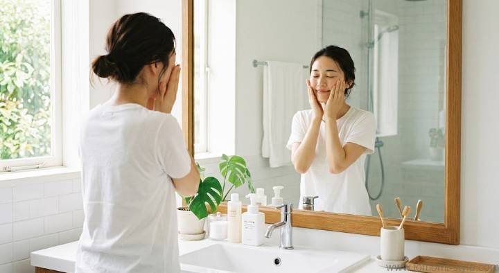 乳液を塗った後に両手で顔を包むハンドプレスのスキンケアシーン