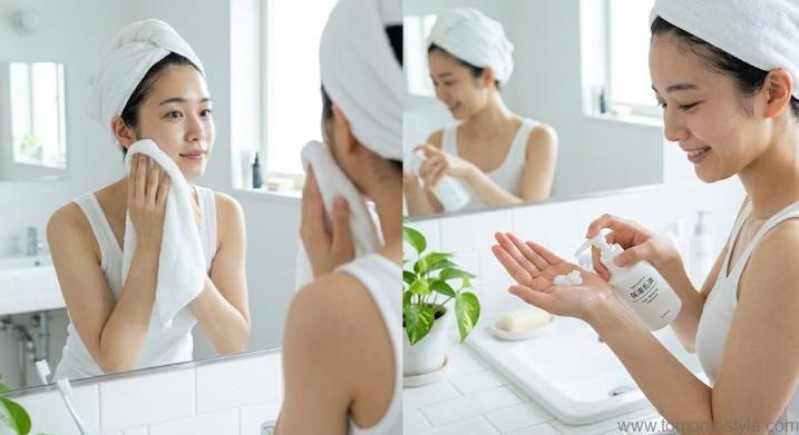 洗顔後すぐに先行乳液を使うスキンケアの順番を表すイメージ