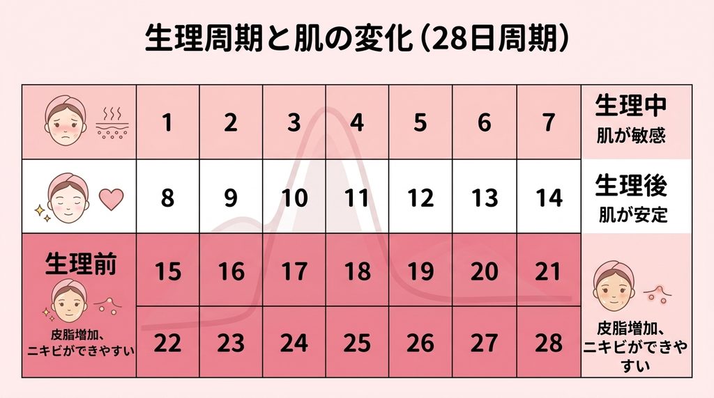 生理周期による肌の変化と生理前ニキビができるタイミングを解説するカレンダー図解