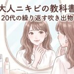 顎のニキビを気にする20代女性が鏡の前で悩む、大人ニキビ対策記事のアイキャッチ画像