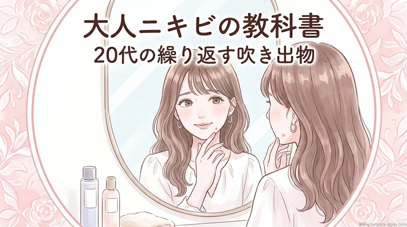 顎のニキビを気にする20代女性が鏡の前で悩む、大人ニキビ対策記事のアイキャッチ画像