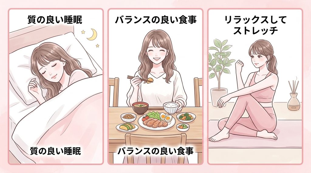 睡眠・食事・ストレスケアなど、大人ニキビ予防のための生活習慣のポイントを紹介するイラスト