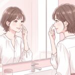 鼻の黒ずみや毛穴を気にする20代女性が鏡の前で微笑む、毛穴ケア記事のアイキャッチ画像