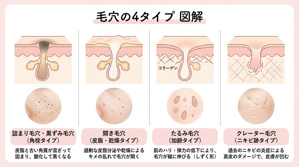 詰まり毛穴・開き毛穴・たるみ毛穴・クレーター毛穴の4タイプの特徴を説明する図解