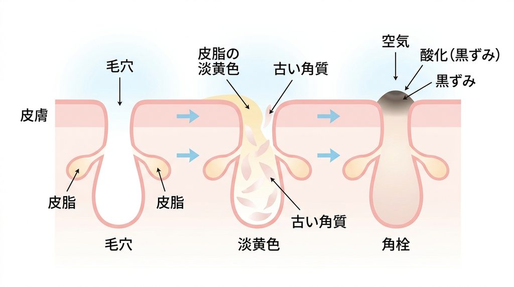 皮脂と古い角質が混ざって角栓ができ、酸化して黒ずみになる仕組みを解説する毛穴断面図