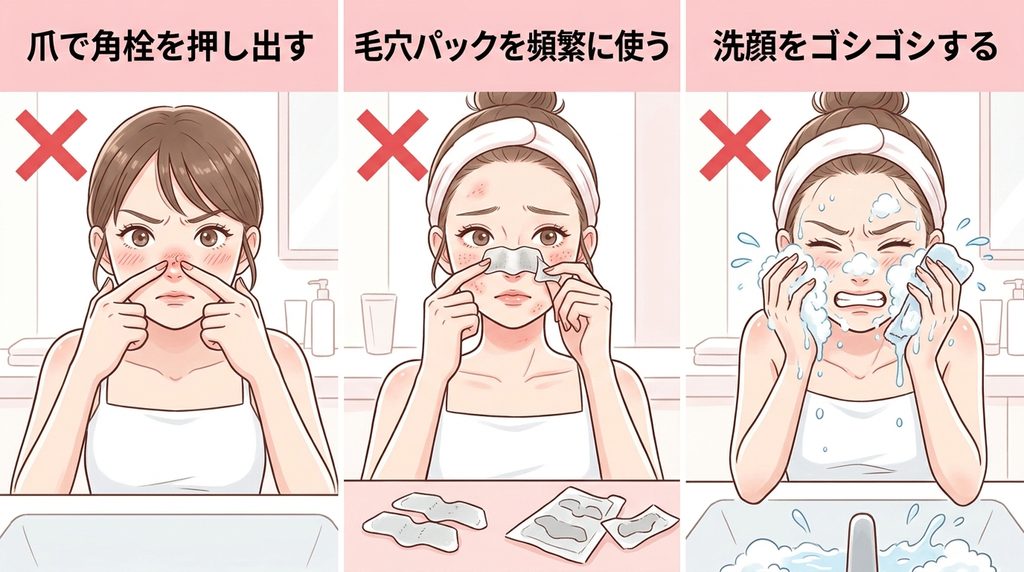 角栓を押し出す・毛穴パックの使いすぎ・ゴシゴシ洗顔という3つのNGケアを×印で示したイラスト