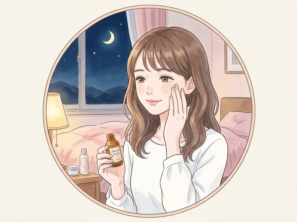 夜のスキンケアでレチノール美容液を使う、初めての使い方を示すイラスト