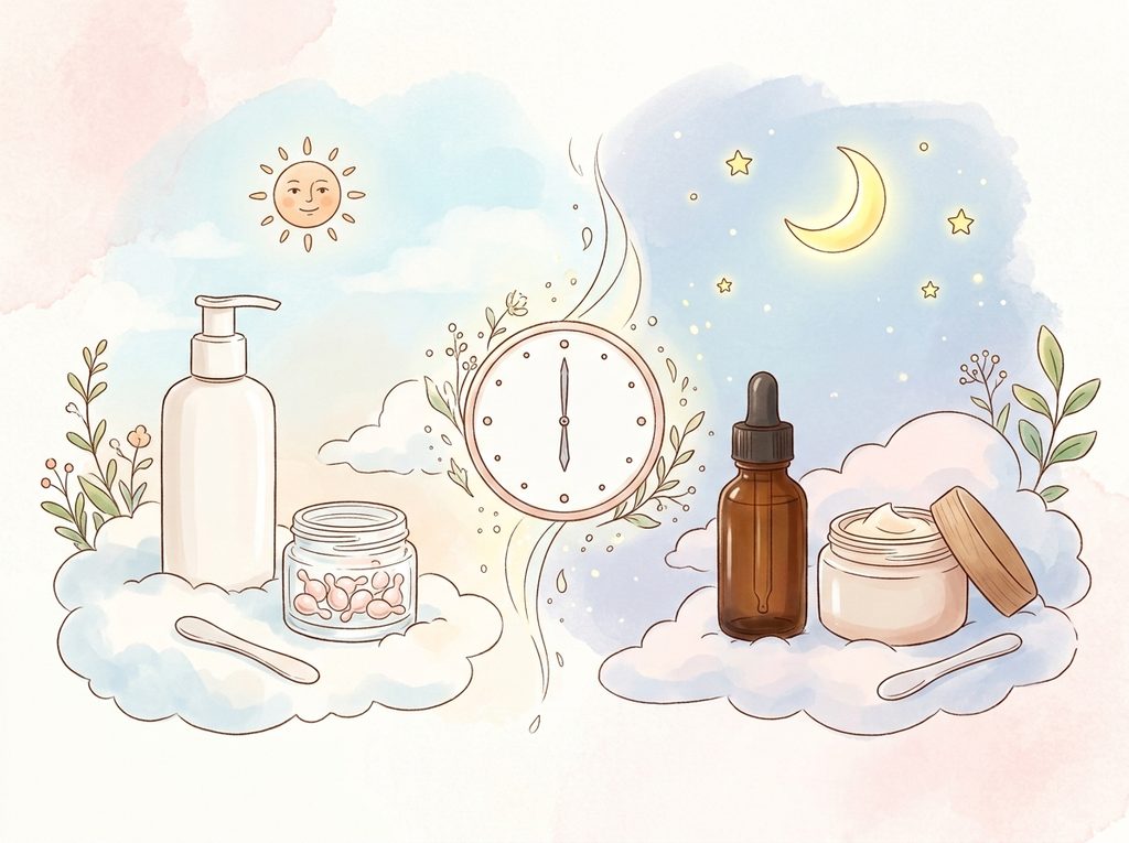 朝はナイアシンアミド＋UV、夜はレチノール＋保湿という朝晩分けの使い方を解説する図解