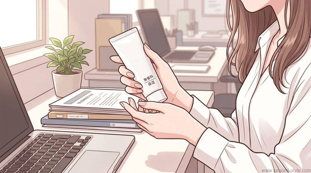 オフィスのデスクで使う無香料ハンドクリームを持つ女性の手元